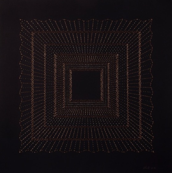 Anila Quayyum Agha Kaaba - Copper 2016 Mixed media on paper (Black and copper beads and embroidery on black paper) 29 x 29 in.