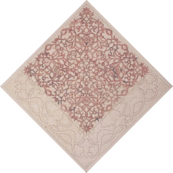 Anila Quayyum Agha I Will Find the Flowers 2016 Mixed media on paper (Laser-cut patterns on paper with mylar, encaustic, embroidery and pink and silver beads)  29 x 29 in.