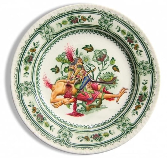 Adeela Suleman AND THEN IT ALL HAPPENED SERIES (PLATE 3) 2014 Found porcelain plate with enamel paint 8 x 8 in.