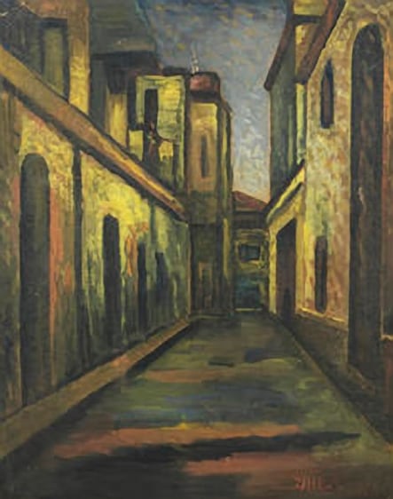 Jamini Roy  Untitled (City Street)  Tempera on card  21.5 x 17 in.