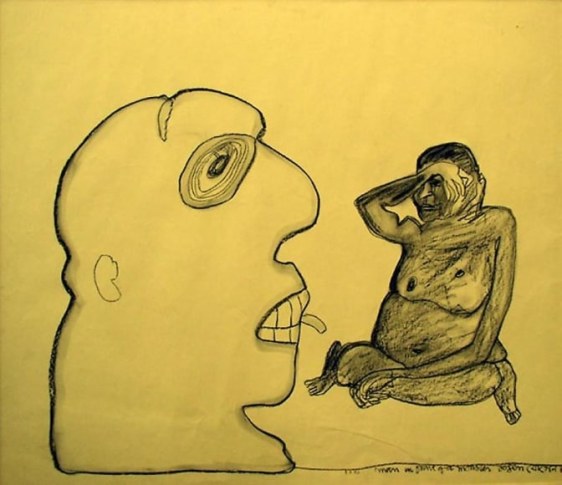 Jogen Chowdury MAN IN FRONT OF A MONSTER 1982 Charcoal on paper 25 x 28.5 in.