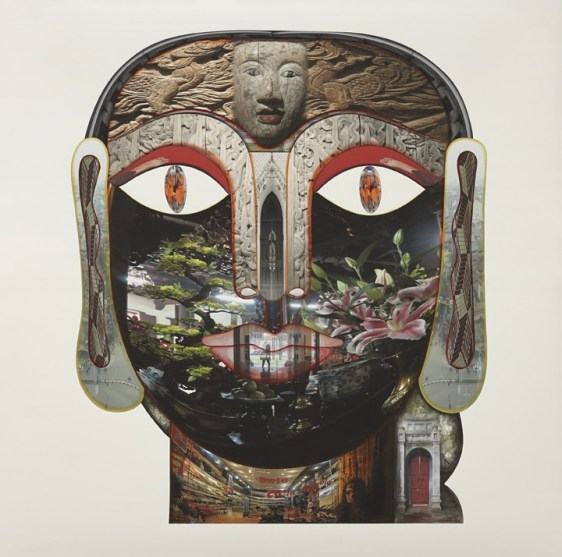 Rekha Rodwittiya Matters Of The Heart (Head V) 2013 Digital inkjet print with autobiographic photo images and hand-painted watercolor on paper 60 x 60 in.