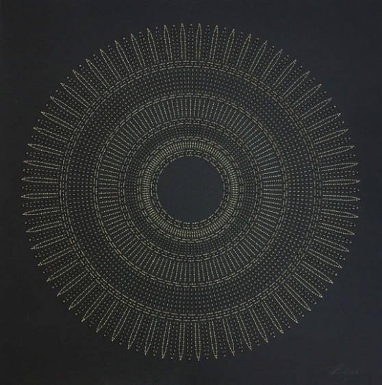 Anila Quayyum Agha Circle The Kaaba (Tan) 2016 Mixed media on paper (Black and tan beads and embroidery on black paper) 29 x 29 in.