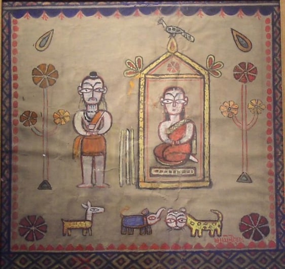 Jamini Roy UNTILED (MAN AND WOMAN IN TEMPLE) Gouache on board 24 x 24 in.