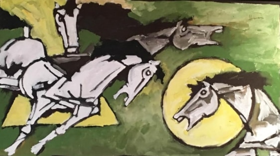 M. F. Husain Three Horses Oil on canvas 30.5 x 55 in.