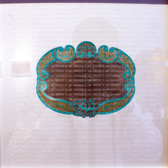 Abdullah M. I. Syed I am Brute I am Gentle: A page from Brut-Nama Ink stamp, gold and silver pencil on typed Canson paper 11 x 11 in. 2013