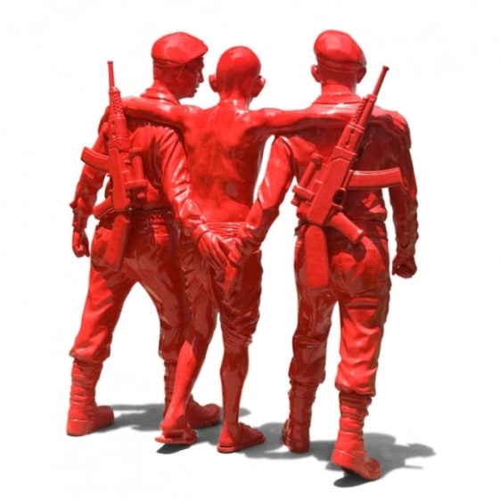 Debanjan Roy INDIA SHINGING 8 (GANDHI SUPPORTED BY TWO) 2009 Fiberglass with acrylic paint Ed. 1/5 24 x 56 x 66 in.