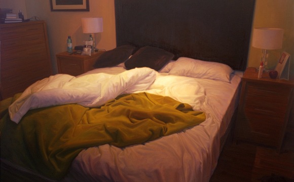 oil painting of bed in a dark bedroom with messed up sheets and pillows