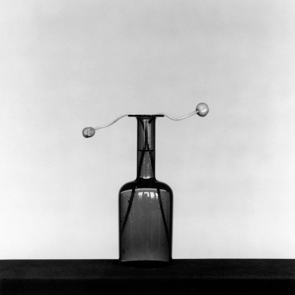 Vase with two poppy buds pointing to either side of frame.
