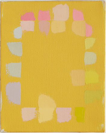 Doug Ohlosn Painting, c. 1976-77, oil on canvas, 10 x 8 in.  Painting on a rectangular canvas, yellow ground with bursts and brushes of pastel color along the edges 