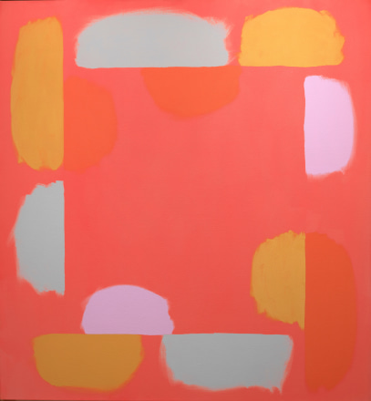 Doug Ohlson, Untitled, c. 1976-77, oil on canvas, 55 x 51 in. Coral ground on square canvas with bursts of yellows, blues, violets and oranges along the edges