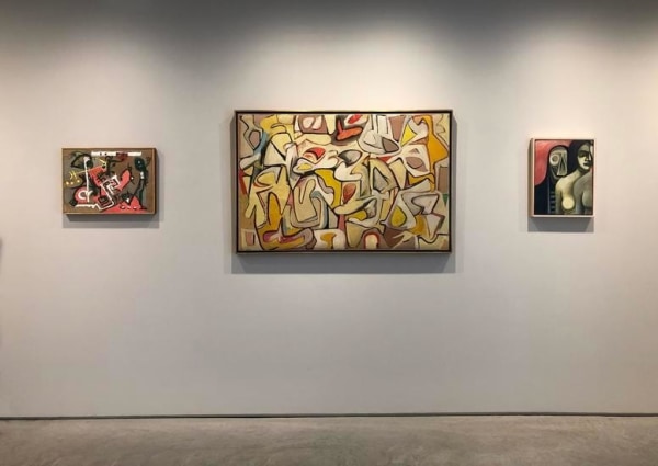 JACKSON POLLOCK, Untitled (Composition on Brown), c. 1945, oil on brown canvas, 15 1/8 x 21 1/8 in., CR132, ELAINE DE KOONING, Untitled #16, 1948, enamel on paper mounted to canvas, 32 1/4 x 50 in., REUBEN KADISH, Untitled (WPA Mural Study) c. 1935, oil on masonite, 17 1/2 x 13 3/4 in.