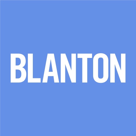 logo with a blue background with Blanton written in white