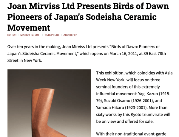 Joan Mirviss Ltd Presents Birds of Dawn Pioneers of Japan’s Sodeisha Ceramic Movement
