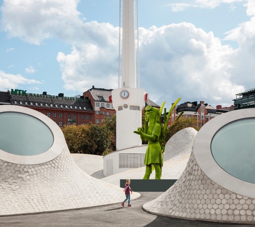 Kim Simonsson's moss giants on display on the Lasipalatsi square