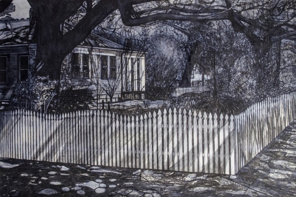 Willie Birch, “White Picket Fence #2 (Myth or Reality),” 2019, charcoal drawing of streetscapes on display in Prospect New Orleans