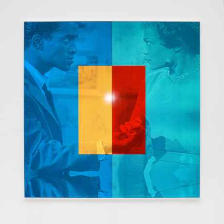Hank Willis Thomas, retroreflective print, red, yellow, blue, turquoise, 2019