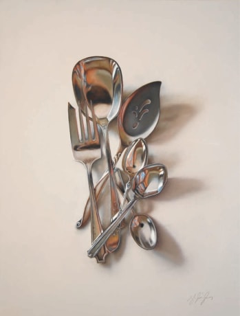 Still life painting of silverware by LESLIE LEWIS SIGLER for American Art Collector article