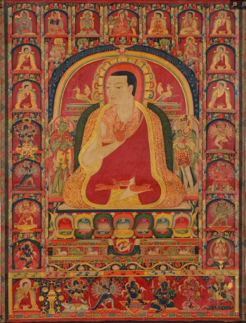 A PORTRAIT THANGKA OF THE SECOND ABBOT OF RIWOCHE MONASTERY, URGYAN GONPO (PRAJNASTIBHADRA) CENTRAL TIBET, EARLY 14TH CENTURY
