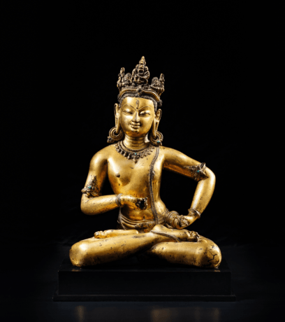 A rare gilt-copper figure of Vajrasattva, Nepal or Tibet, Khasa Malla Kingdom, 13th - 14th century