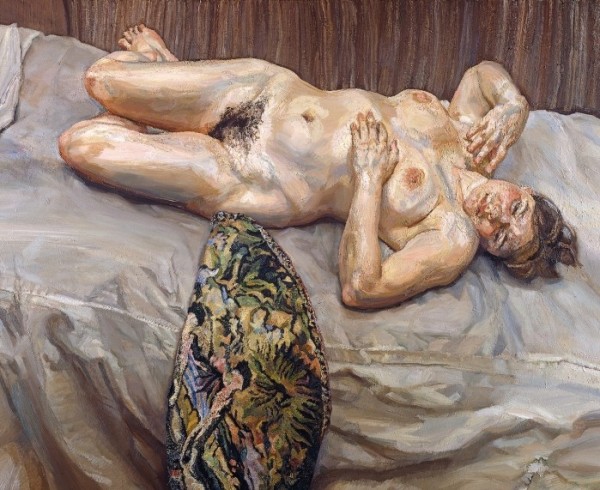 Lucian Freud, “Portrait on Gray Cover” (1996), oil on canvas, 47 3⁄4 x 60 7/8 inches, Private Collection