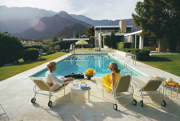 Slim Aarons, Poolside Pairs 1970: Lita Baron Nelda Linsk Helen Dzo Dzo at the  Richard Neutra-designed house of Edgar Kaufman, 1970