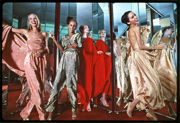 Harry Benson, Halstonettes: Karen Bjornsen, Alva Chinn, Connie Cook, and Pat Cleveland in Halston Dresses, New York, 1977