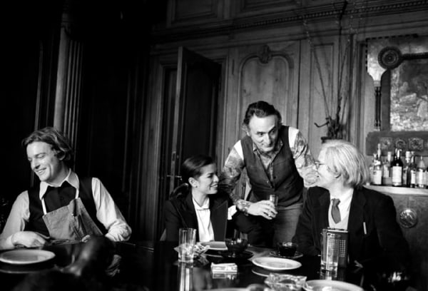 Harry Benson, Andy Warhol, Jamie Wyeth, Larry Rivers, and Bianca Jagger at The Factory, New York, 1977