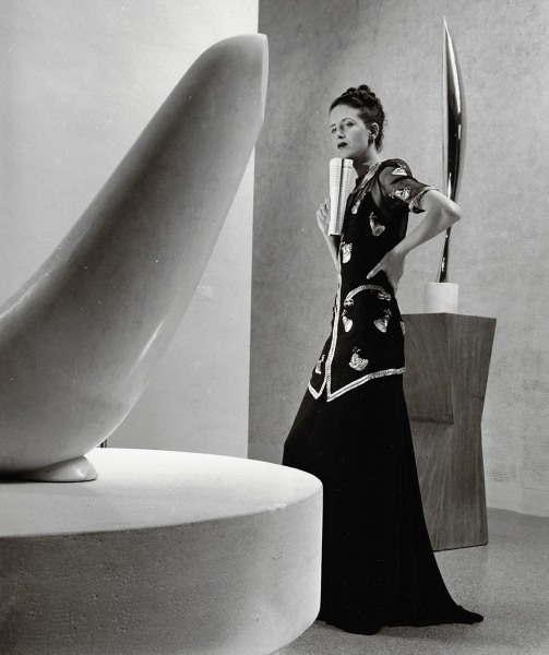 Louise Dahl-Wolfe, Model Shelly Napier in Schiaparelli with Brancusi Sculptures, Museum of Modern Art, New York, 1939
