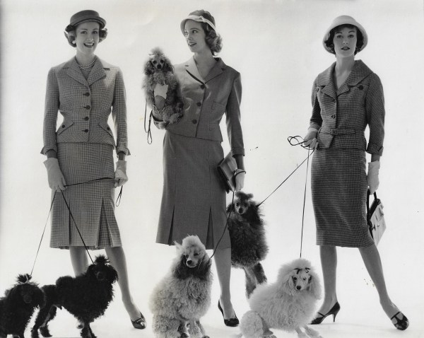 Norman Parkinson, Newest Suits Off the Couture Page (Models with Dogs), suits by John Cavanagh, Worth, and Hardy Amies, VOGUE, 1958