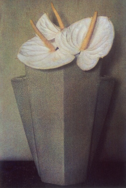 Sheila Metzner, White Anthuriums Grey Vase. 1980