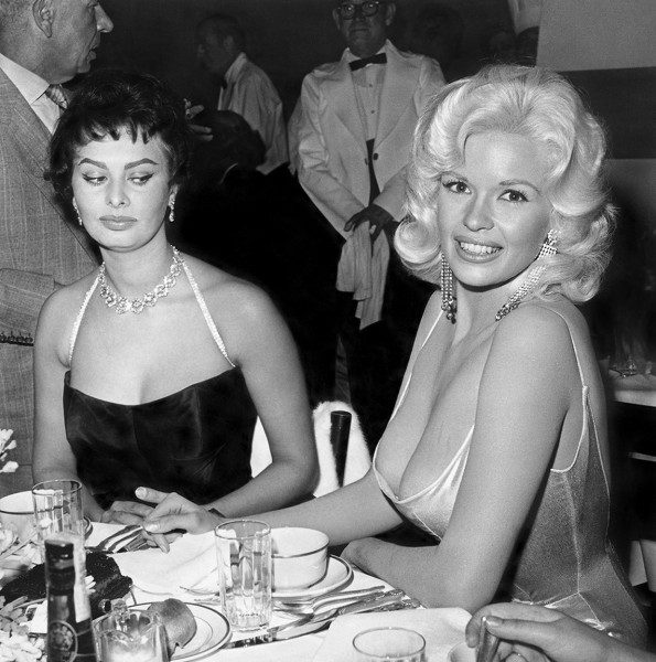 Joe Shere, Jayne Mansfield and Sophia Loren at Romanoff's, Beverly Hills, 1958