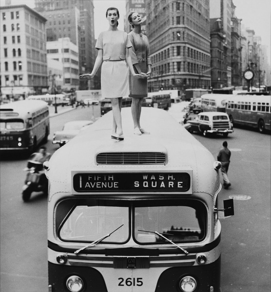 William Helburn, Bus Top: Dovima and Jean Patchett, Madison Square, New York,  Harper's Bazaar, 1958