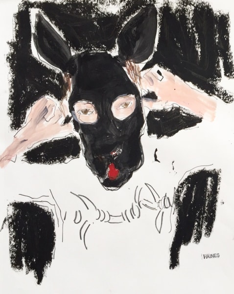 Drawing of man in dog mask by Richard Haines