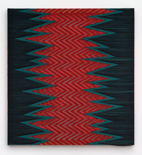 Liz Collins, Pathway, 2022 Silk, linen and wood, 66 x 61 x 2.5 in.