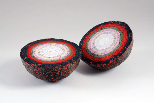 Margie Livingston White to Black with Orange Over and Flecked with Yellow and Pink, 2010  Acrylic Diameter approximately 7 inches (cut in half)