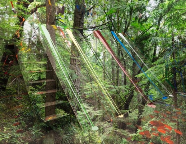 Picture of a forest with paint overlay sculpted within the perspective of a space with a staircase next to a slanted wall