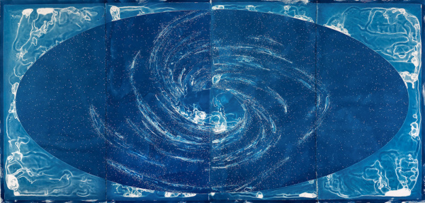 Lia Halloran Triangulm, After Adelaide Ames, 2017 Cyanotype on paper, painted negative on paper  176 x 84 in.