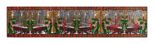 Federico Solmi Well Done Comrades! We Have Conquered Capitalist America!, 2012 Acrylic, ink, gold leaf on paper mounted on wood panel 11 X 51 in.