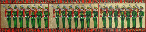 Federico Solmi My Beloved Compatriots! Members of Parliament! Generals!, 2012 Acrylic, ink, gold leaf on paper mounted on wood panel 11 X 51 in.