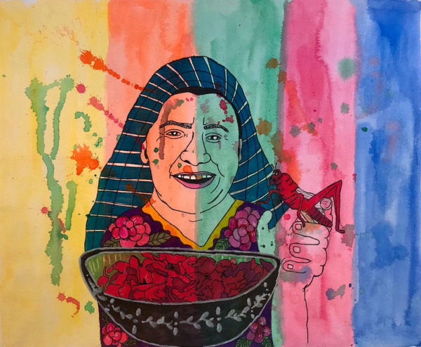 Karla Diaz, Eating Chapulines (Grasshoppers) with Cousin, 2021, Watercolor and ink on paper