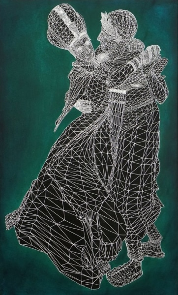 Federico Solmi, Joie De Vivre (VI), 2021, Soft pastels, white pen and ink, gouache on wood panel, 36 x 60 in.