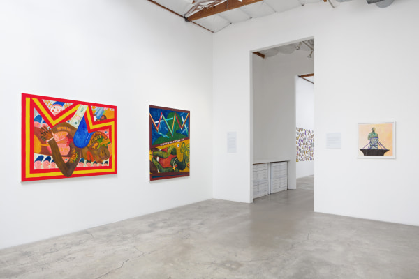 Installation View of Unreachable Spring: Peter Williams (L), Kambui Olujimi (R), and Edra Soto (rear)