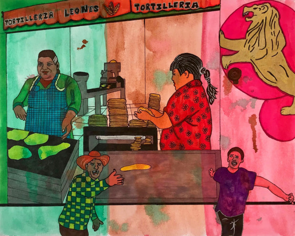 Karla Diaz, Tortilleria Leones and Grandpa, 2021, Watercolor and ink on paper