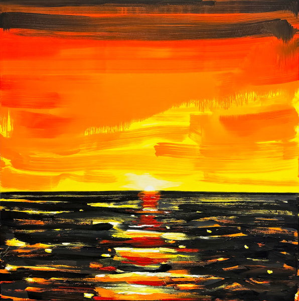 Oil painting of a sun peaking over a dark ocean