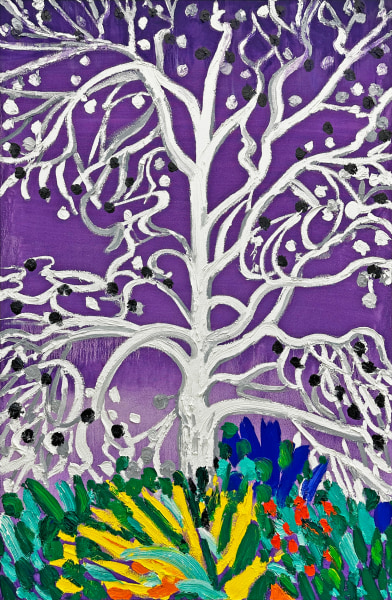 Oil painting of a white tree with a purple background