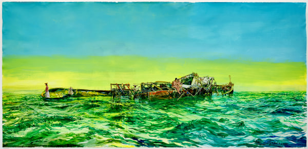 John Valadez painting on paper titled Shipwreck Cruise