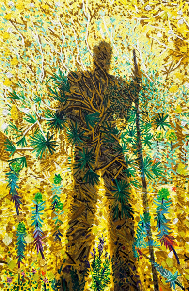 Oil painting of hiker's shadow on mostly yellow ground