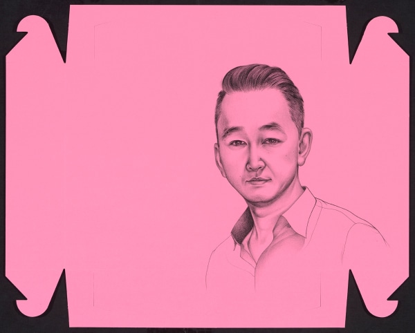 Phung Huynh, Viet Thanh Nguyen, 2019-20, Graphite on pink donut box, 25 x 30.5 in.