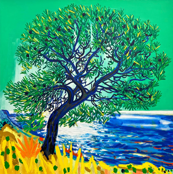 Oil painting of a tree over the ocean